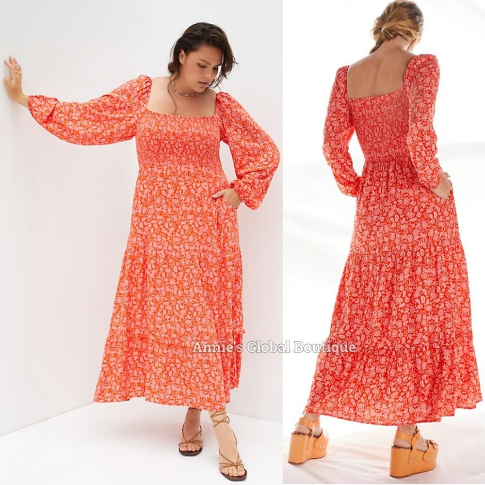 RARE NWT ANTHROPOLOGIE Dolan Smocked Puffed-Sleeves Midi Dress. Size XL - Picture 14 of 16